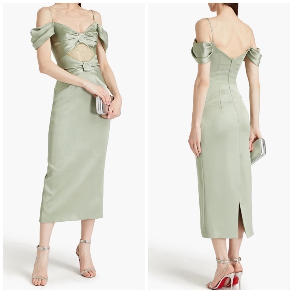 Rasario Cut Out Off The Shoulder Midi Dress Green Satin Cocktail Formal Evening — image 2 of 8